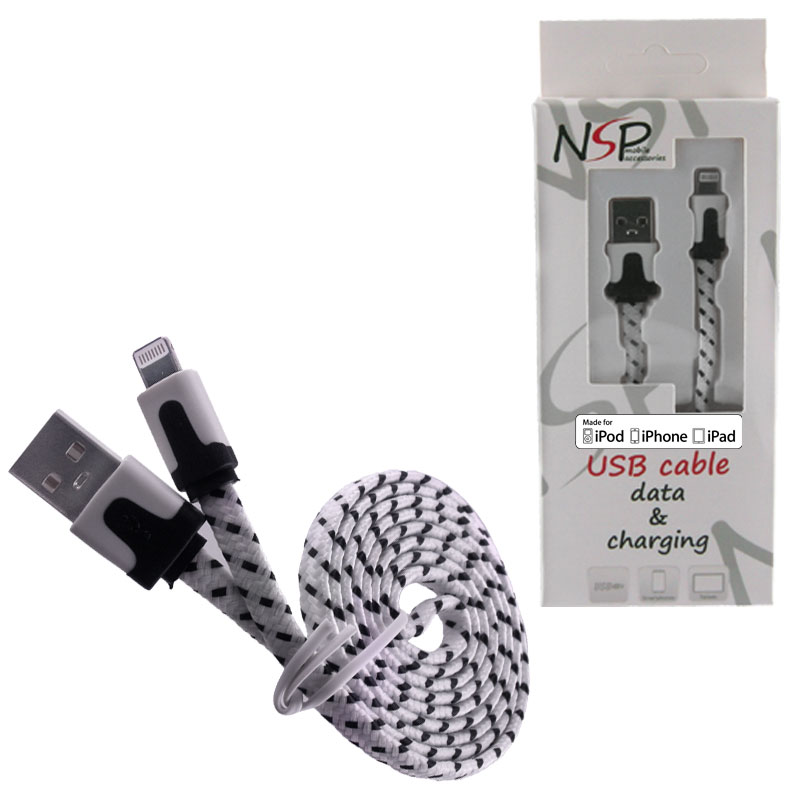 NSP IPHONE 5 FLAT BRAIDED 6mm USB 2.1A ΦΟΡΤ.-DATA 1m WHITE iOS10