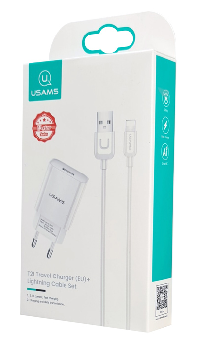 USAMS φορτιστής τοίχου T21OCLN01 με καλώδιο Lightning, USB 2.1A, λευκός - Image 3