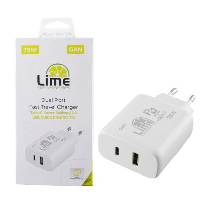 LIME TYPE C GAN PD 3.0 DUAL SUPER FAST TRAVEL LTC75W 75W 4.0A PD 54W + USB QC 3.0 21W WHITE