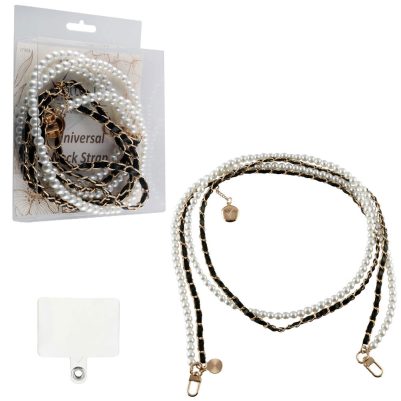 VOLTE-TEL NECK STRAP - ΑΛΥΣΙΔΑ ΛΑΙΜΟΥ ΓΙΑ ΘΗΚΕΣ WHITE PEARLS WITH BLACK LEATHER-GOLD METAL VT424 120cm