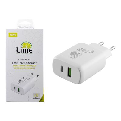 LIME TYPE C PD 3.0 DUAL SUPER FAST TRAVEL LTC36W 36W 4.0A - USB QC 3.0 21W max 36W WHITE