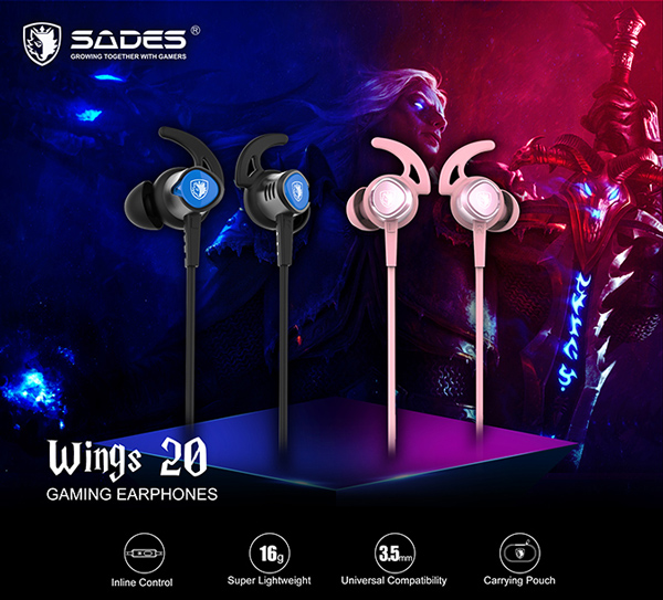 SADES gaming earphones Wings 20 με μικρόφωνο, 3.5mm, Φ12mm, 1.2m, ροζ - Image 2