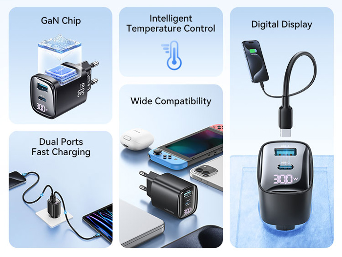 USAMS φορτιστής τοίχου US-CC229, USB & USB-C, 30W, GaN, μαύρος - Image 2