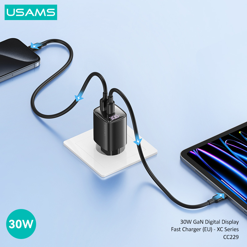 USAMS φορτιστής τοίχου US-CC229, USB & USB-C, 30W, GaN, μαύρος - Image 3