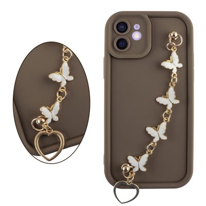 VOLTE-TEL ΘΗΚΗ IPHONE 12 6.1" SILICON TPU WITH STRAP FULL CAMERA PROTECTION BROWN WITH WHITE BUTTERFLIES