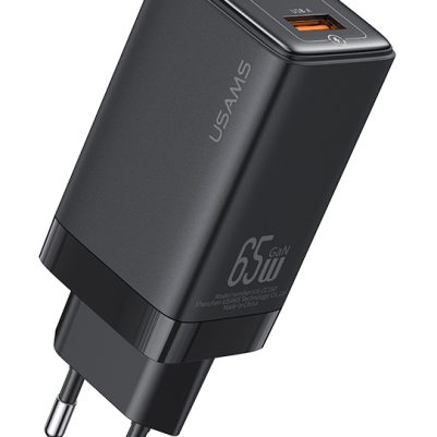 USAMS φορτιστής τοίχου US-CC180, USB & 2x USB-C, 65W PD, GaN, μαύρος