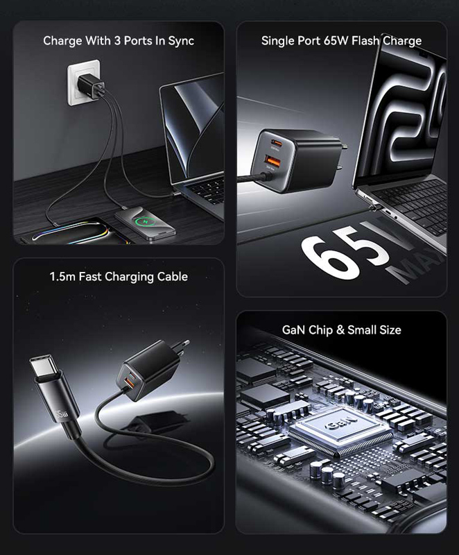 USAMS φορτιστής τοίχου CC266 με καλώδιο, USB & USB-C, 65W, GaN, μαύρος - Image 3