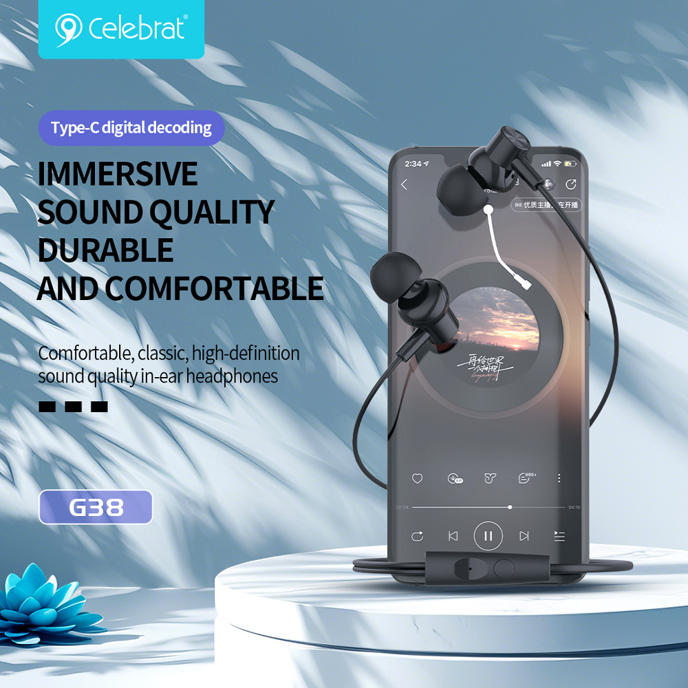CELEBRAT earphones με μικρόφωνο G38, USB-C σύνδεση, 10mm, 1.2m, μαύρα - Image 3