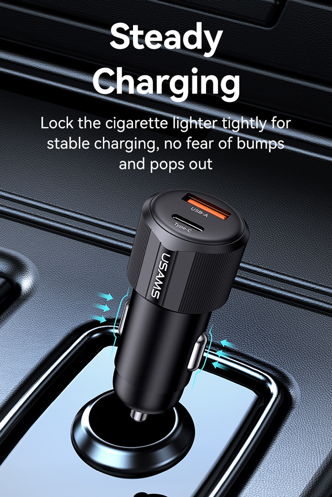 USAMS φορτιστής αυτοκινήτου CC283, USB & USB-C, 60W, μαύρος - Image 2