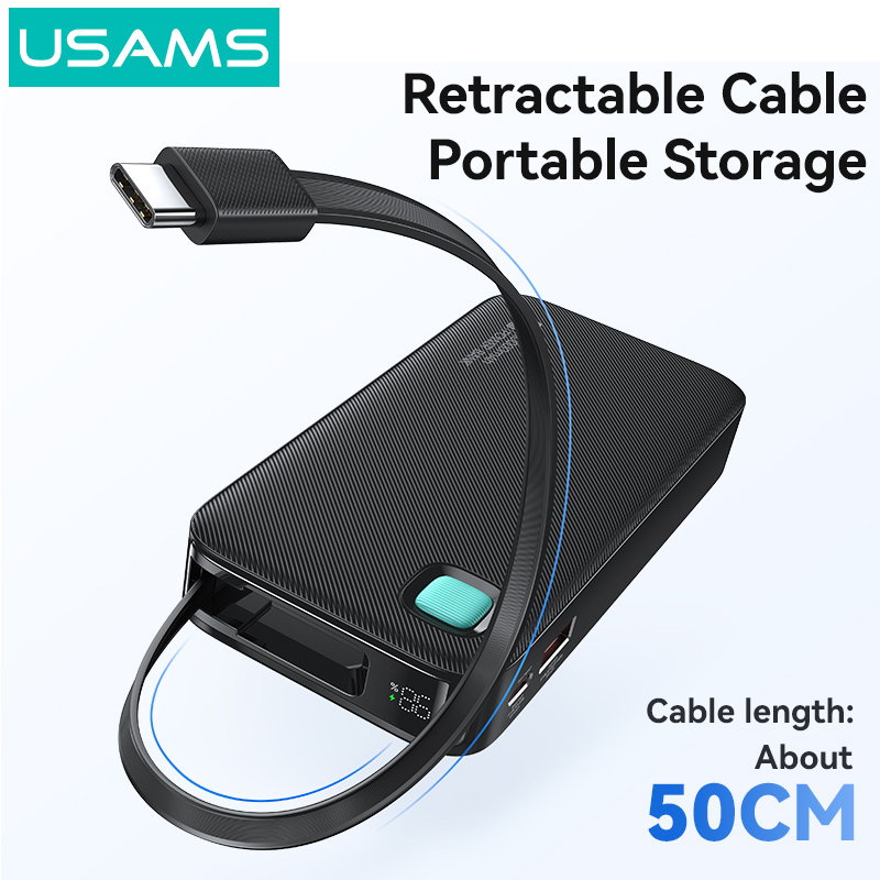 USAMS power bank CD224 με καλώδιο USB-C, 2x θύρες εξόδου, 10000mAh, 20W, μαύρο - Image 3