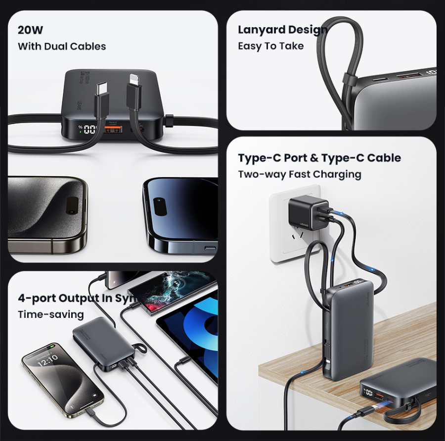 USAMS power bank CD228 με 2x καλώδια, 2x θύρες εξόδου, 10000mAh, 20W, γκρι - Image 2