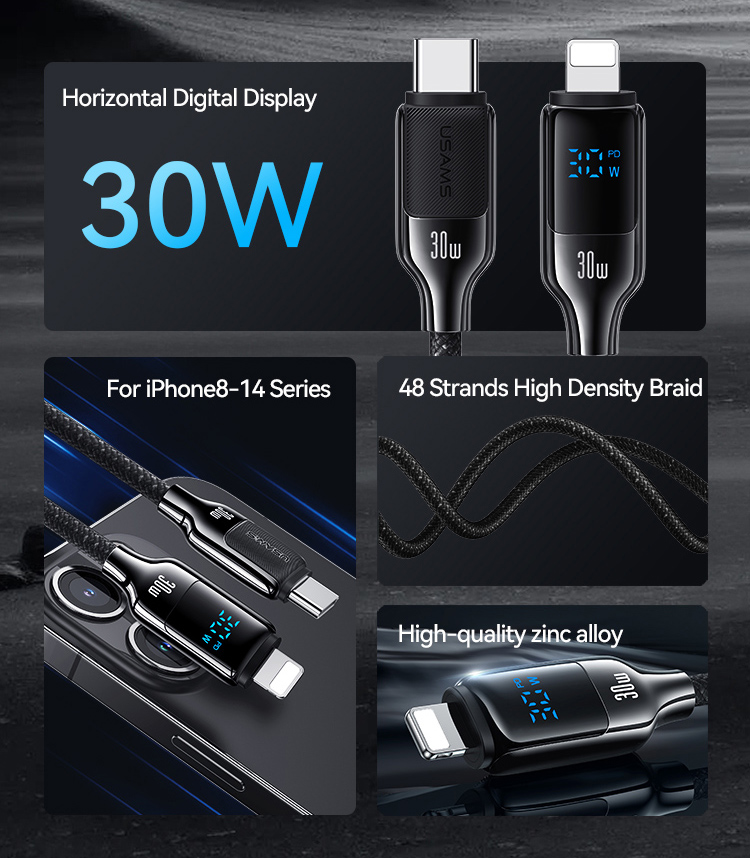 USAMS καλώδιο Lightning σε USB-C SJ741, 30W, 480Mbps, 1.2m, μαύρο - Image 2