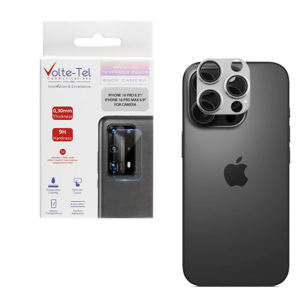 VOLTE-TEL CAMERA GLASS COVER IPHONE 16 PRO 6.3"/IPHONE 16 PRO MAX 6.9" 9H 0.30MM 3D AR ALUMINIUM-ELECTROPLATING FRAME GREY