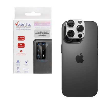 VOLTE-TEL CAMERA GLASS COVER IPHONE 16 PRO 6.3"/IPHONE 16 PRO MAX 6.9" 9H 0.30MM 3D AR ALUMINIUM-ELECTROPLATING FRAME SILVER