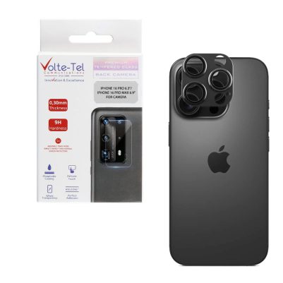 VOLTE-TEL CAMERA GLASS COVER IPHONE 16 PRO 6.3"/IPHONE 16 PRO MAX 6.9" 9H 0.30MM 3D AR ALUMINIUM-ELECTROPLATING FRAME BLACK
