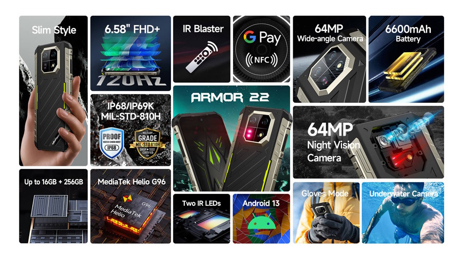 ULEFONE smartphone Armor 22, 6.58", 8/128GB, 6600mAh, IP68/IP69K, μαύρο - Image 2