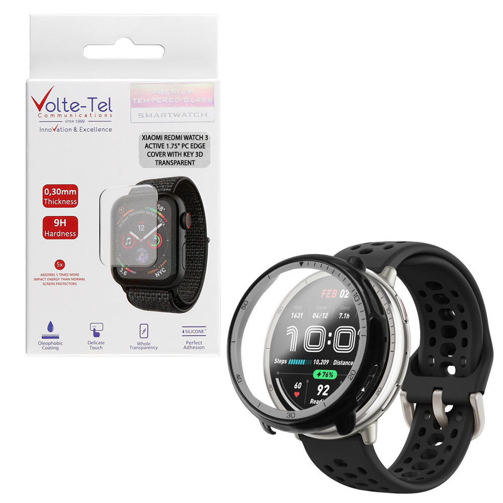 VOLTE-TEL TEMPERED GLASS AMAZFIT ACTIVE 2 1.32" 9H 0.30mm PC EDGE COVER WITH KEY 3D FULL GLUE FULL COVER BLACK