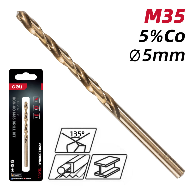 DELI τρυπάνι DH-MHZ050-E2 για μέταλλο, M35 HSS 5% κοβαλτίου, DIN 388, 5x86mm, κυλινδρικό - Image 2