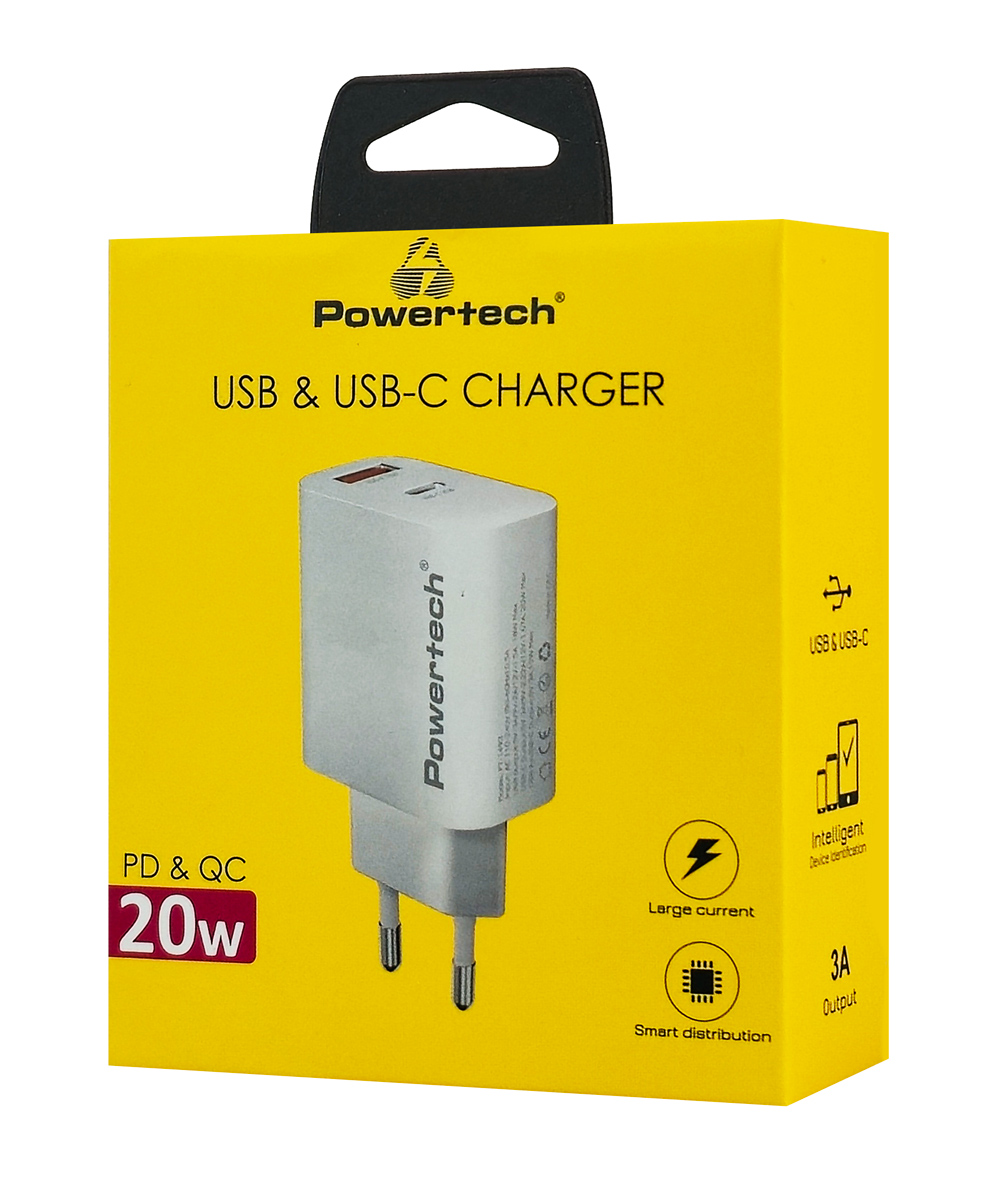 POWERTECH φορτιστής τοίχου PT-1493, USB/USB-C, 20W, λευκός - Image 2