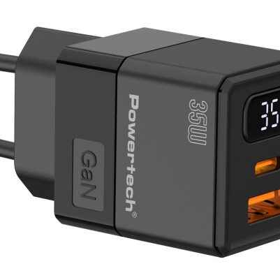 POWERTECH φορτιστής τοίχου PT-1499 με οθόνη, USB/USB-C, 35W, GaN, μαύρος
