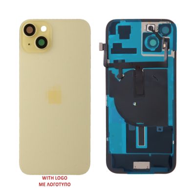 FOR IPHONE 15 PLUS BATTERY COVER + CAMERA LENS + METAL PLAID + FLASHLIGHT + CHARGING FLEX + NFC YELLOW
