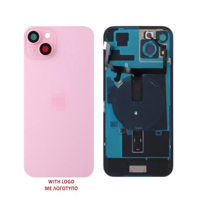 FOR IPHONE 15 PLUS BATTERY COVER + CAMERA LENS + METAL PLAID + FLASHLIGHT + CHARGING FLEX + NFC PINK