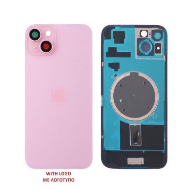 FOR IPHONE 15 PLUS BATTERY COVER + CAMERA LENS + METAL PLAID + MAGSAFE PINK