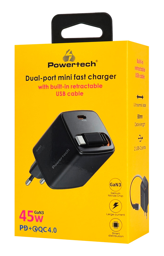 POWERTECH φορτιστής τοίχου PT-1572 με πτυσσόμενο καλώδιο, USB-C, 45W, GaN, μαύρος - Image 3