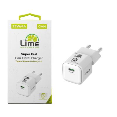 LIME TYPE C MINI GAN PD 3.0 SUPER FAST TRAVEL LGC25W 25W 5V 4.0A/ 9V 2.77A/ 12V 2.08A WHITE