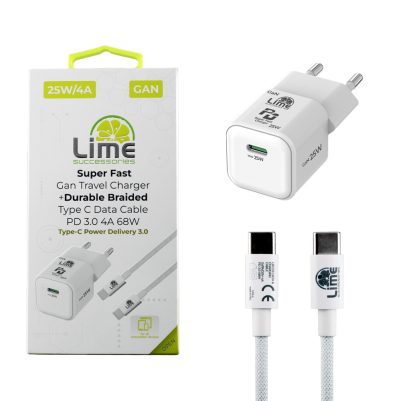 LIME TYPE C MINI GAN PD 3.0 SUPER FAST TRAVEL LGC25W 25W 5V 4.0A/ 9V 2.77A + BRAIDED ΦΟΡΤΙΣΗΣ-DATA LBCC01 TYPE C TO TYPE C 68W
