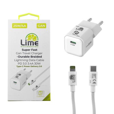 LIME TYPE C MINI GAN PD 3.0 SUPER FAST TRAVEL LGC25W 25W 5V 4.0A/ 9V 2.77A + BRAIDED ΦΟΡΤΙΣΗΣ-DATA LBCL01 TYPE C TO LIGHTNING 30