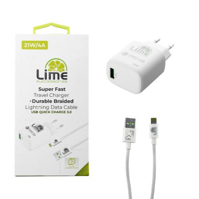 LIME USB 3.0 PD SUPER FAST TRAVEL QC 3.0 LTU22 21W 4000mA + BRAIDED ΚΑΛΩΔΙΟ ΦΟΡΤΙΣΗΣ-DATA 1m LBUL01 LIGHTNING WHITE