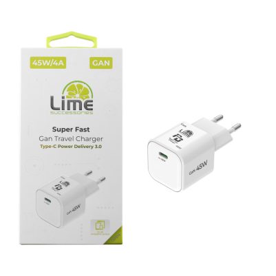 LIME TYPE C MINI GAN PD 3.0 SUPER FAST TRAVEL QC 3.0 LGC45W 45W 5V 4.0A /9V 4A/ 12V 3.75A/ 15V 3A/ 20V 2.25A WHITE