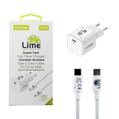 LIME TYPE C MINI GAN PD 3.0 SUPER FAST TRAVEL QC 3.0 LGC45W 45W 5V 4.0A /9V 4A + ΦΟΡΤΙΣΗΣ-DATA LBCC01 TYPE C TO TYPE C 68W WHITE