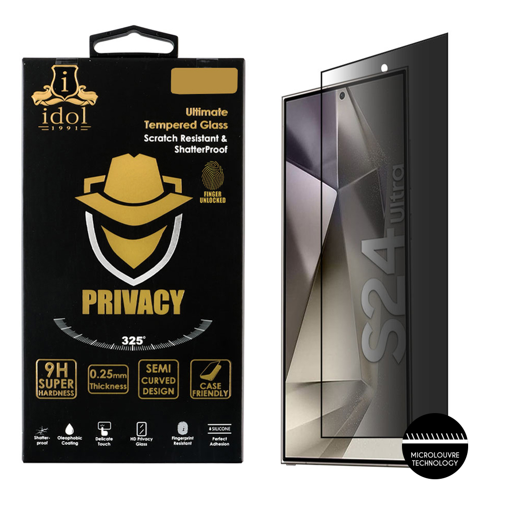 IDOL 1991 TEMPERED GLASS SAMSUNG S24 ULTRA 5G 6.8" 9H 0.25mm PRIVACY ANTISPY 3D SEMI CURVED EDGE GLUE FINGER UNLOCK BLACK
