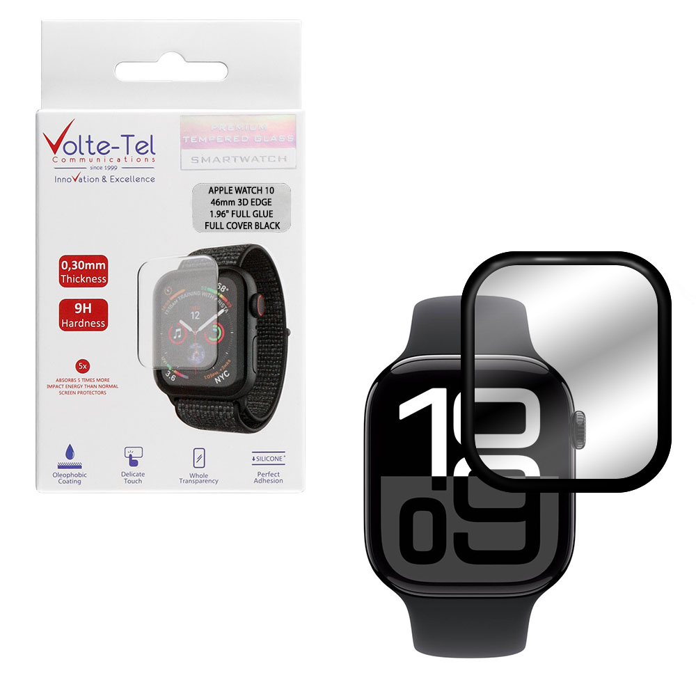VOLTE-TEL TEMPERED PLEXI GLASS APPLE WATCH 10/ WATCH 11 46mm 3D EDGE 1.96" 0.30mm FULL GLUE FULL COVER BLACK