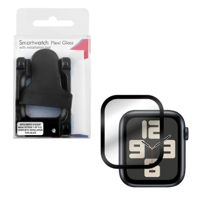 VOLTE-TEL TEMPERED PLEXI GLASS APPLE WATCH 4/5/6/SE 44mm 3D EDGE 1.78" 0.30mm FULL COVER WITH INSTALLATION TOOL BLACK