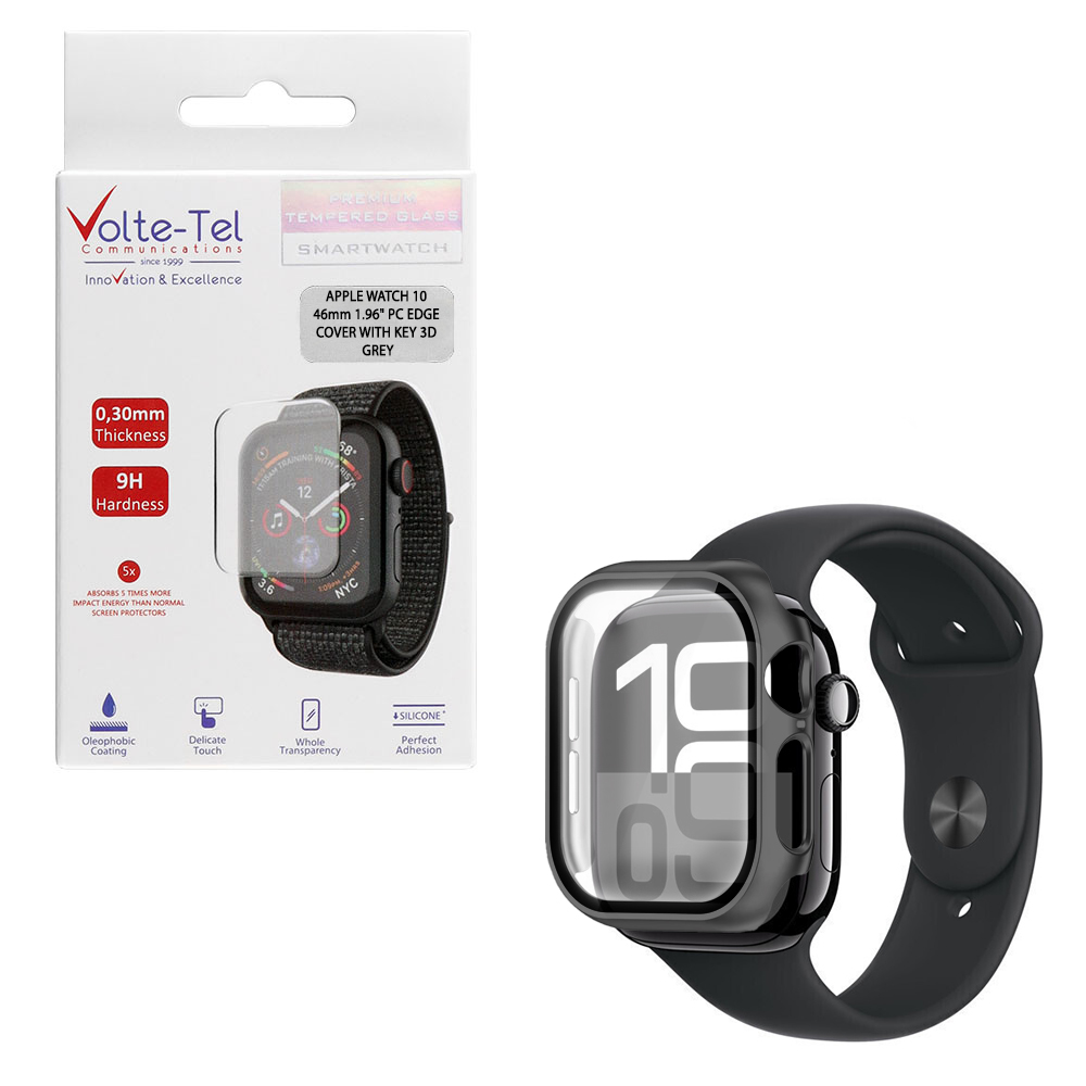 VOLTE-TEL TEMPERED GLASS APPLE WATCH 10/ WATCH 11 46mm 1.96" 9H 0.30mm PC EDGE COVER WITH KEY 3D FULL GLUE FULL COVER GREY
