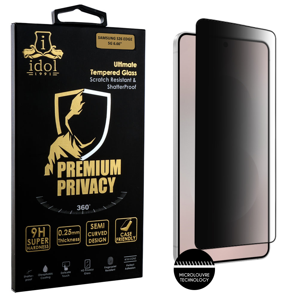 IDOL 1991 TEMPERED GLASS SAMSUNG S26 EDGE 5G 6.66" 9H 0.25mm PREMIUM PRIVACY ANTISPY SEMI CURVED FINGER UNLOCK FULL GLUE BLACK