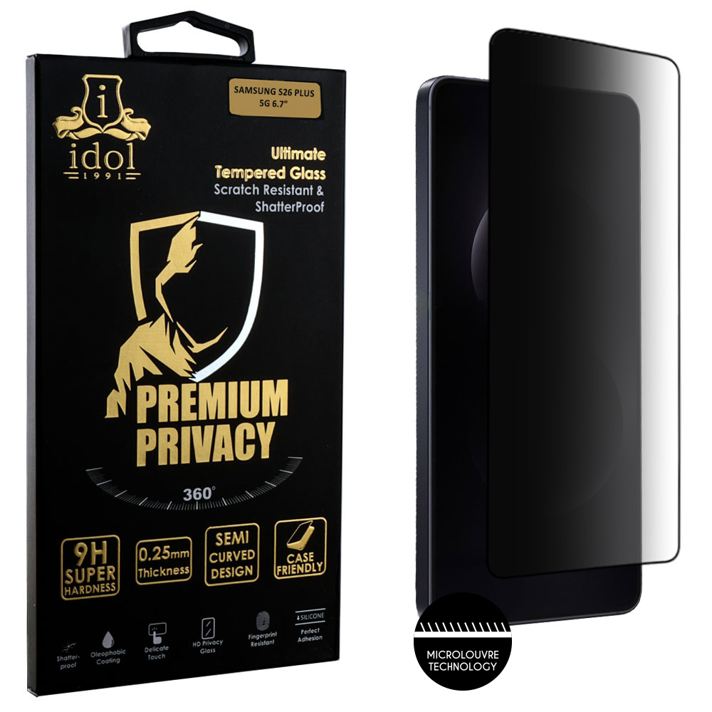 IDOL 1991 TEMPERED GLASS SAMSUNG S26 PLUS 5G 6.7" 9H 0.25mm PREMIUM PRIVACY ANTISPY SEMI CURVED FINGER UNLOCK FULL GLUE BLACK