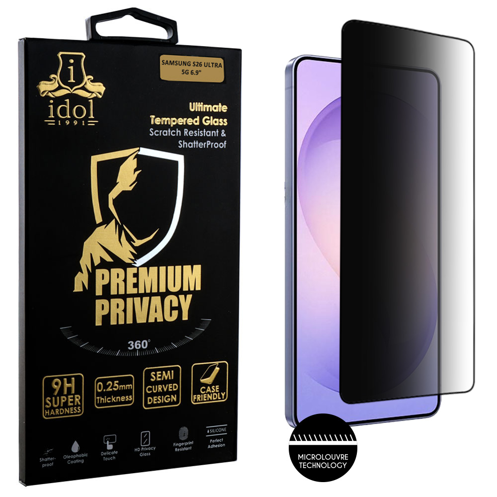 IDOL 1991 TEMPERED GLASS SAMSUNG S26 ULTRA 5G 6.9" 9H 0.25mm PREMIUM PRIVACY ANTISPY SEMI CURVED FINGER UNLOCK FULL GLUE BLACK