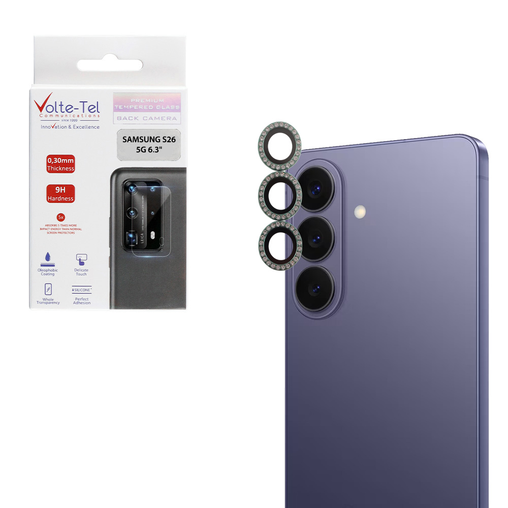 VOLTE-TEL CAMERA GLASS COVER SAMSUNG S26 5G 6.3" 9H 0.33MM EASY APPLICATION WITH STRASS GREEN