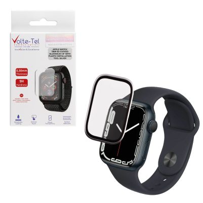 VOLTE-TEL TEMPERED GLASS APPLE WATCH 7/8/9 45mm 3D CURVED ALUMINIUM 1.9" 0.30mm FULL COVER & INSTALLATION TOOL SILVER