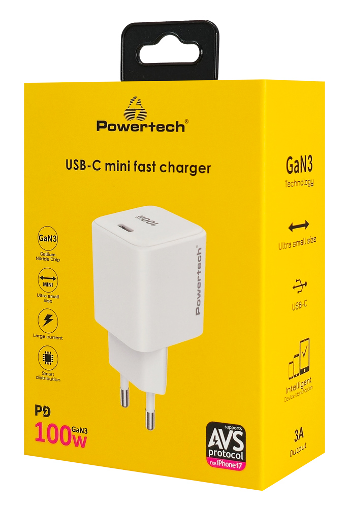 POWERTECH φορτιστής τοίχου PT-1612, USB-C, 100W, GaN, AVS, λευκός - Image 3