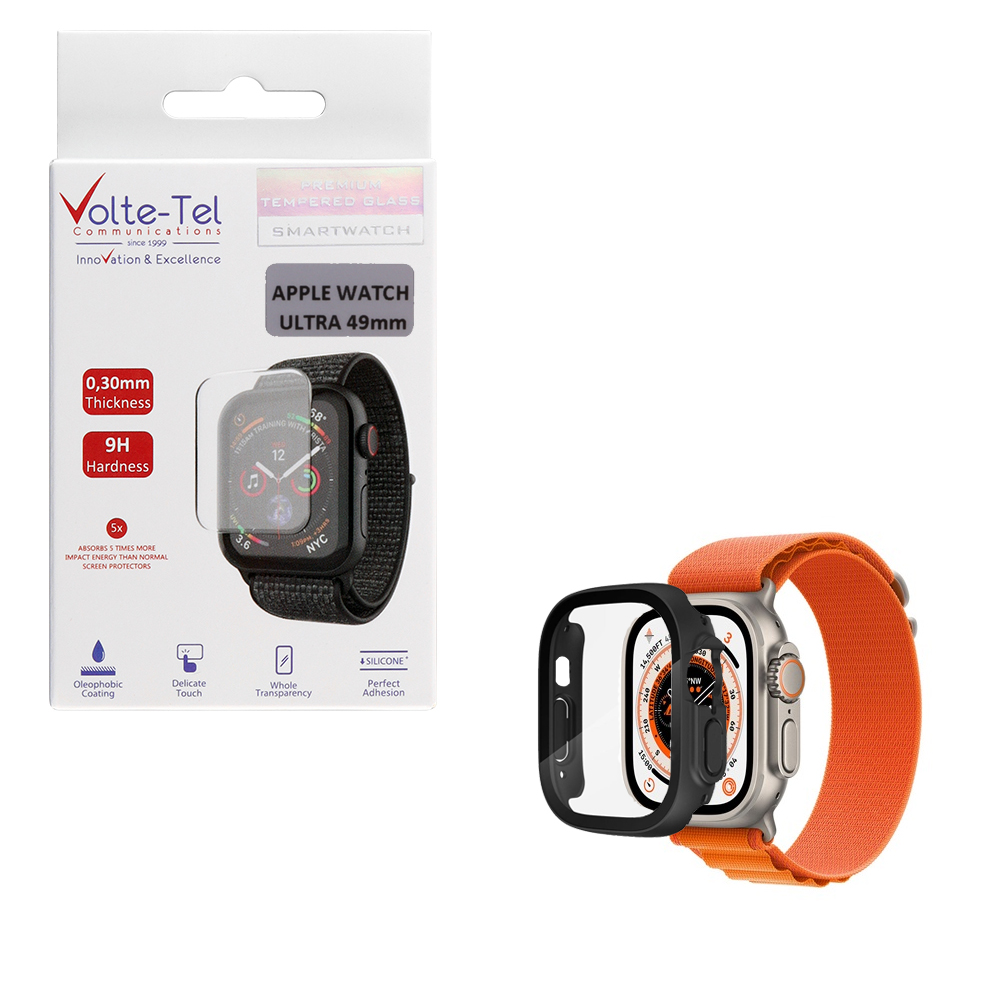 VOLTE-TEL PC EDGE COVER TEMPERED GLASS APPLE WATCH ULTRA/ULTRA 2 49mm 1.92in 9H 0.30mm WITH KEY 3D FULL GLUE FULL COVER BLACK