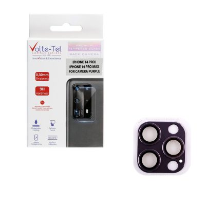 VOLTE-TEL CAMERA GLASS COVER IPHONE 14 PRO 6.1in/14 PRO MAX 6.7in 9H 0.30MM 3D ALUMINIUM-ELECTROPLATING FRAME PURPLE