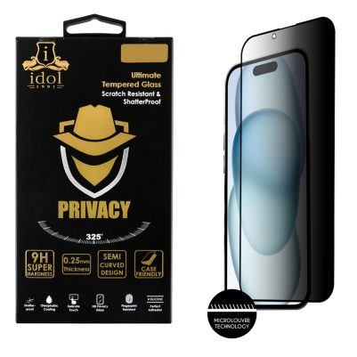 IDOL 1991 PRIVACY ANTISPY TEMPERED GLASS IPHONE 15 6.1in 9H 0.25mm SEMI CURVED FULL GLUE BLACK