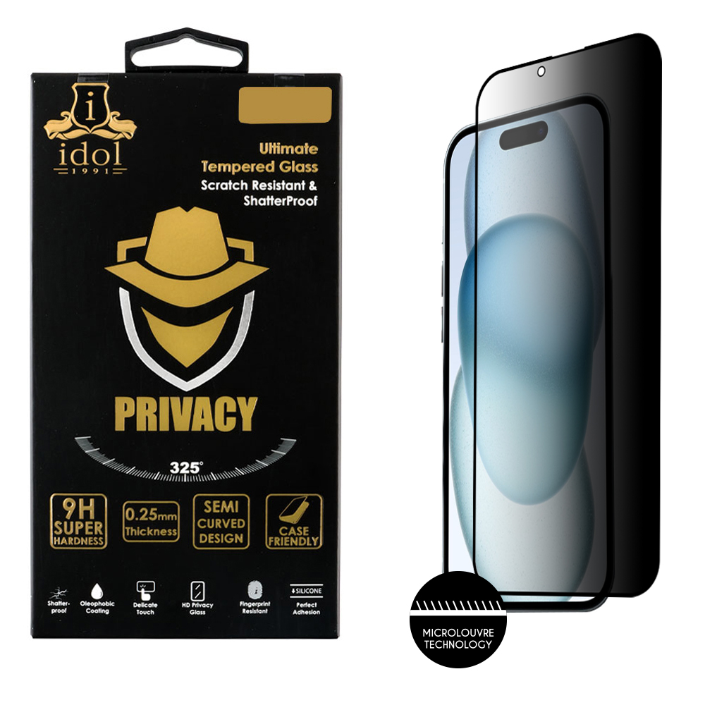 IDOL 1991 PRIVACY ANTISPY TEMPERED GLASS IPHONE 15 6.1in 9H 0.25mm SEMI CURVED FULL GLUE BLACK