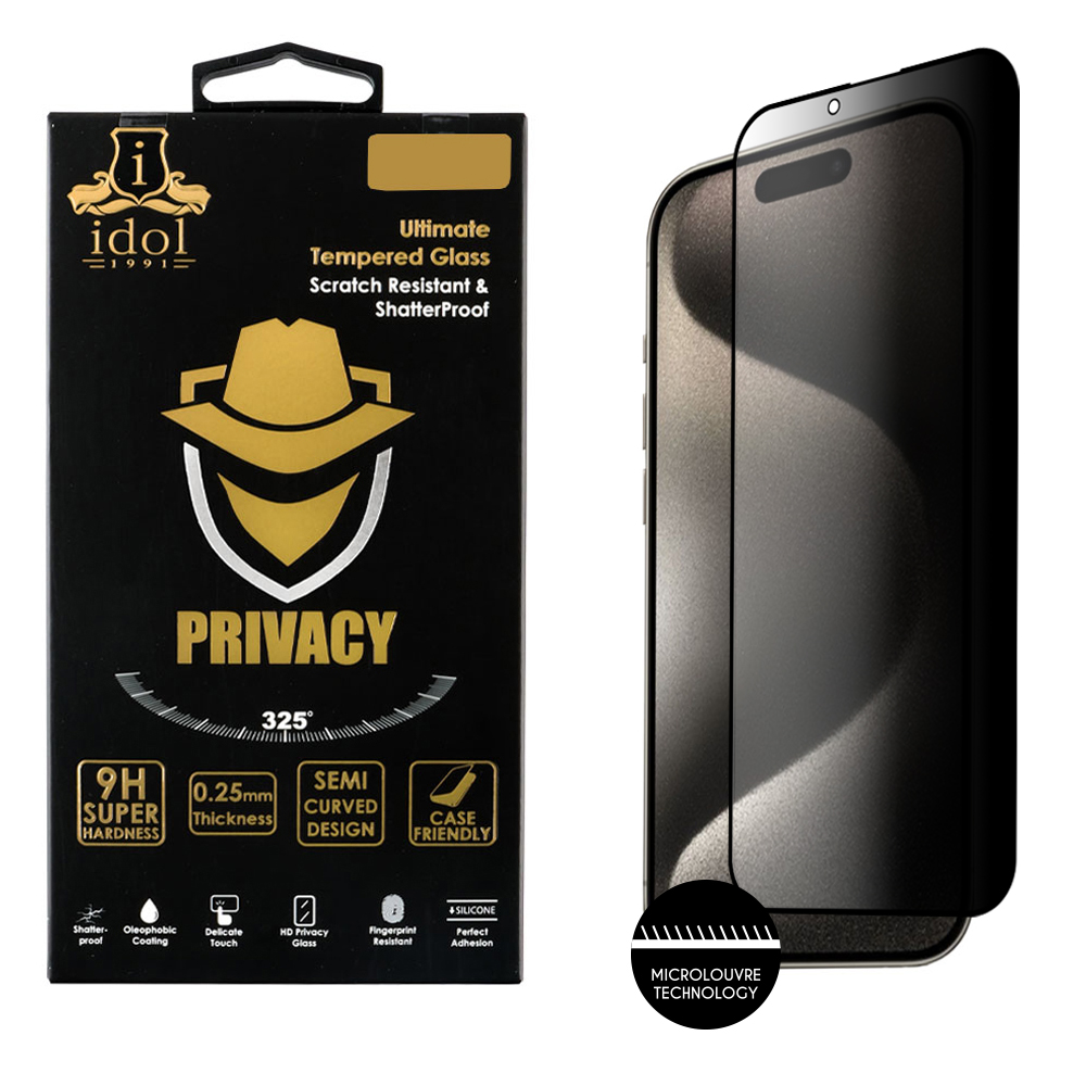 IDOL 1991 PRIVACY ANTISPY TEMPERED GLASS IPHONE 15 PRO 6.1in 9H 0.25mm SEMI CURVED FULL GLUE BLACK