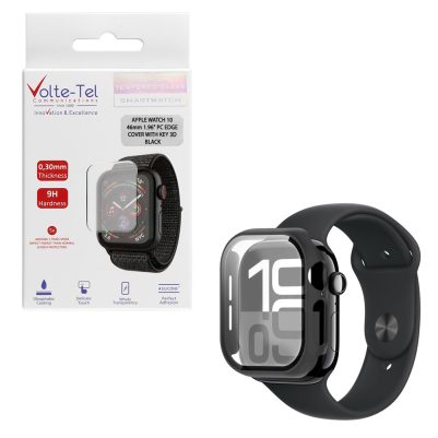 VOLTE-TEL PC EDGE COVER TEMPERED GLASS APPLE WATCH 10/ WATCH 11 46mm 1.96in 9H 0.30mm WITH KEY 3D FULL GLUE FULL COVER BLACK